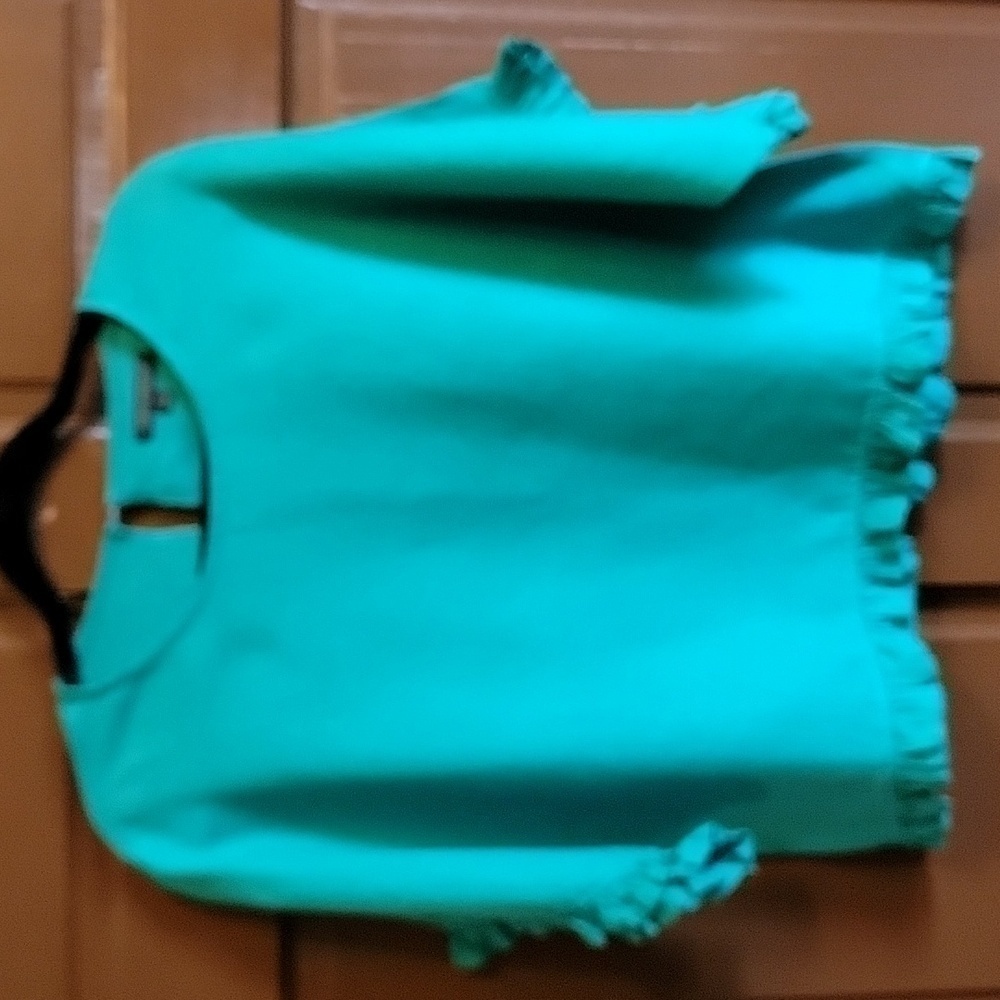 Cynthia Rowley-Linen green round neck top with ruffled sleeves Size Small.